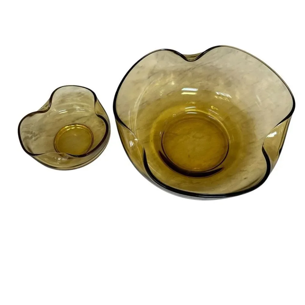 Anchor Hocking vtg Wavy Edge Serving Bowls Honey Gold Chip And Dip Set No Hanger